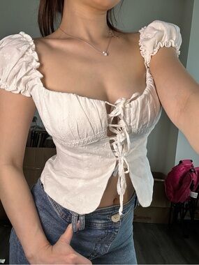 White Eyelet Lace-Up Puff Sleeve Top